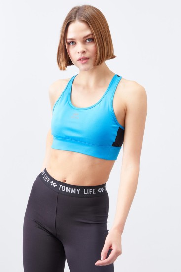 Turkuaz Çapraz Sırt Detaylı Slim Fit U Yaka Pedli Kadın Spor Büstiyer - 97121 