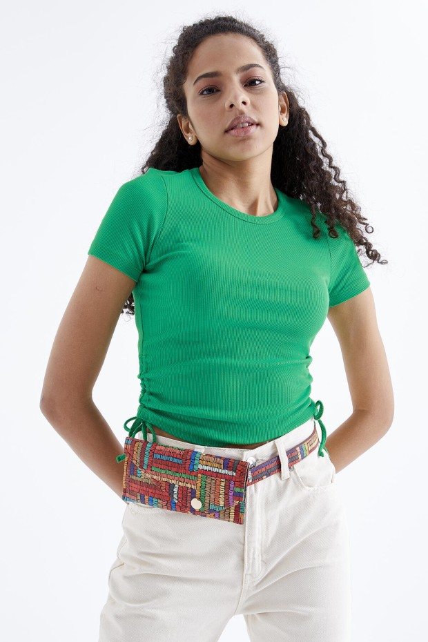 Tommy Life Yeşil Basic Yanı Büzgülü O Yaka Kadın Crop Top T-Shirt - 97203. 5
