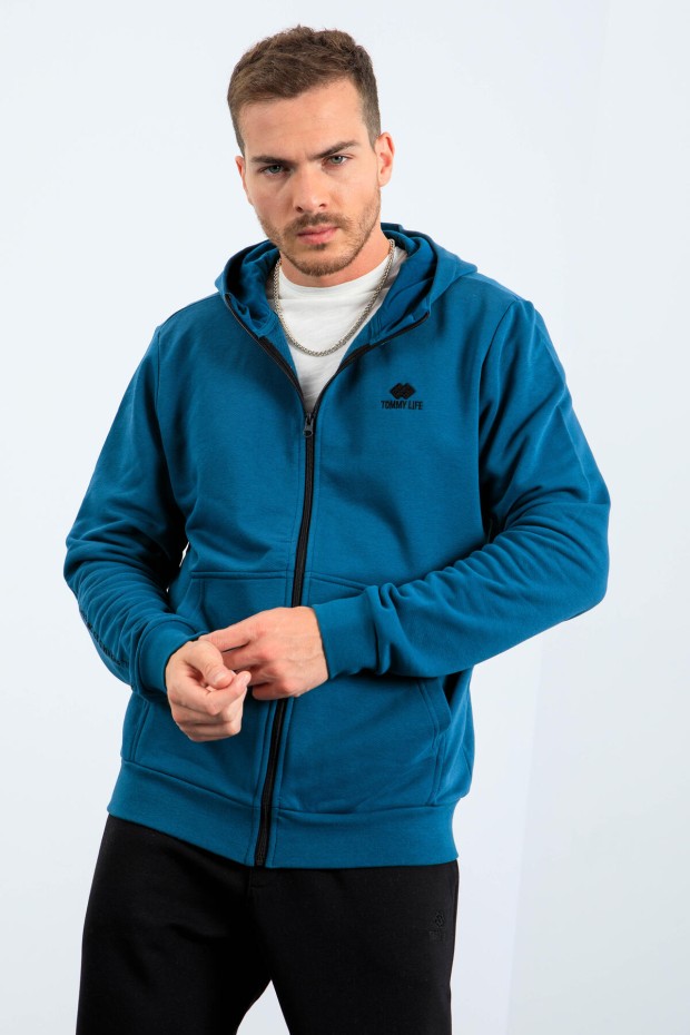 Tommy Life Zümrüt Basic Kapüşonlu Rahat Form Nakış Detaylı Fermuarlı Erkek Sweatshirt - 88035. 7