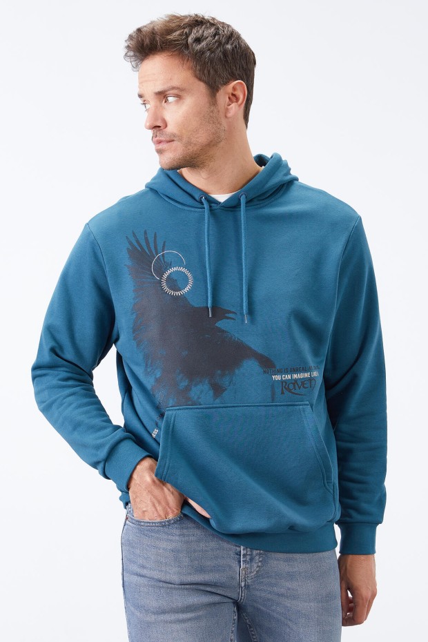 Tommy Life Zümrüt Kuzgun Baskılı Kapüşonlu Kanguru Cepli Rahat Form Erkek Sweatshirt - 88014. 3 Tommy Life Zümrüt Kuzgun Baskılı Kapüşonlu Kanguru Cepli Rahat Form Erkek Sweatshirt - 88014. 3