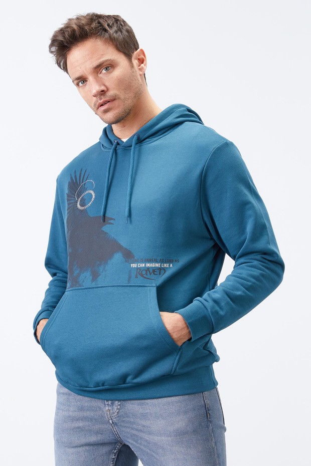 Tommy Life Zümrüt Kuzgun Baskılı Kapüşonlu Kanguru Cepli Rahat Form Erkek Sweatshirt - 88014. 1 Tommy Life Zümrüt Kuzgun Baskılı Kapüşonlu Kanguru Cepli Rahat Form Erkek Sweatshirt - 88014. 1