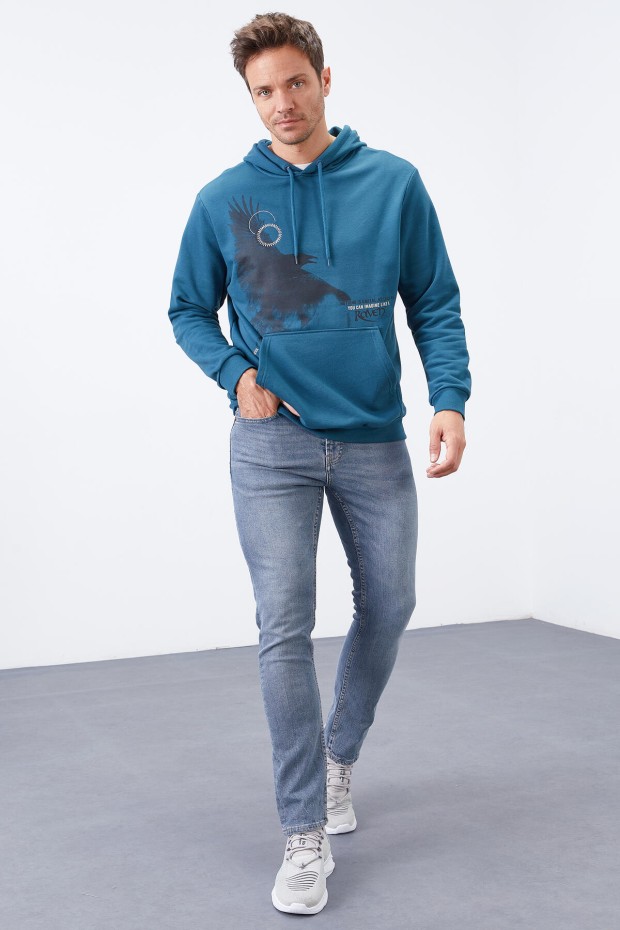 Tommy Life Zümrüt Kuzgun Baskılı Kapüşonlu Kanguru Cepli Rahat Form Erkek Sweatshirt - 88014. 4 Tommy Life Zümrüt Kuzgun Baskılı Kapüşonlu Kanguru Cepli Rahat Form Erkek Sweatshirt - 88014. 4