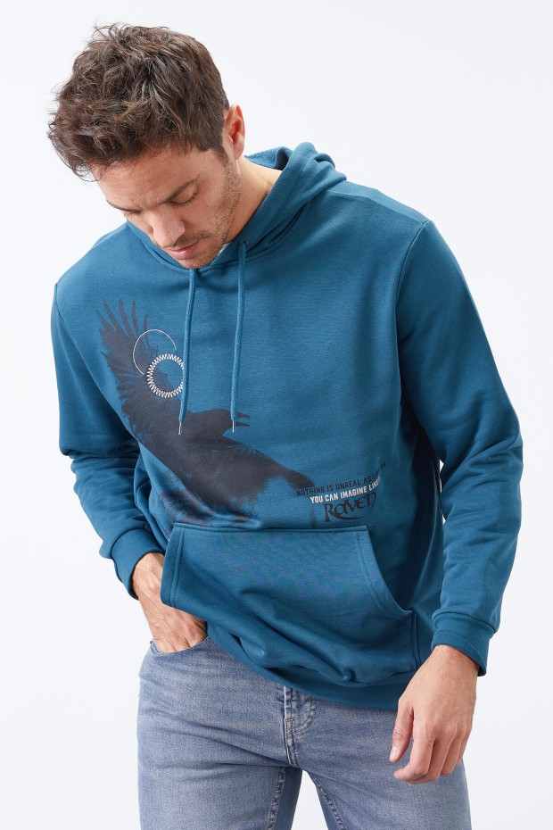 Tommy Life Zümrüt Kuzgun Baskılı Kapüşonlu Kanguru Cepli Rahat Form Erkek Sweatshirt - 88014. 5 Tommy Life Zümrüt Kuzgun Baskılı Kapüşonlu Kanguru Cepli Rahat Form Erkek Sweatshirt - 88014. 5