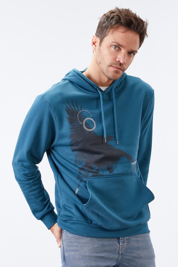 Tommy Life Zümrüt Kuzgun Baskılı Kapüşonlu Kanguru Cepli Rahat Form Erkek Sweatshirt - 88014. 6 Tommy Life Zümrüt Kuzgun Baskılı Kapüşonlu Kanguru Cepli Rahat Form Erkek Sweatshirt - 88014. 6