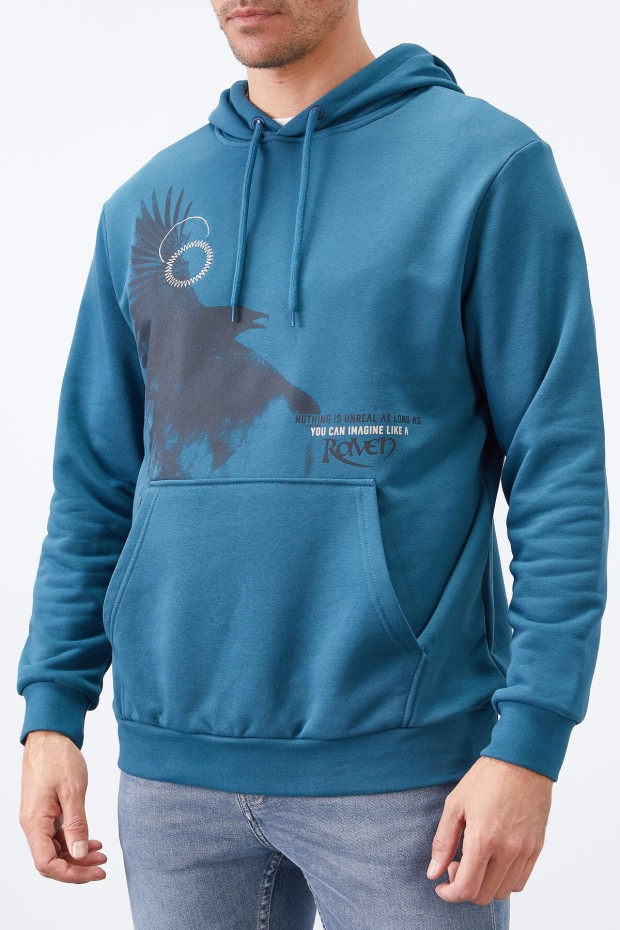 Tommy Life Zümrüt Kuzgun Baskılı Kapüşonlu Kanguru Cepli Rahat Form Erkek Sweatshirt - 88014. 8 Tommy Life Zümrüt Kuzgun Baskılı Kapüşonlu Kanguru Cepli Rahat Form Erkek Sweatshirt - 88014. 8