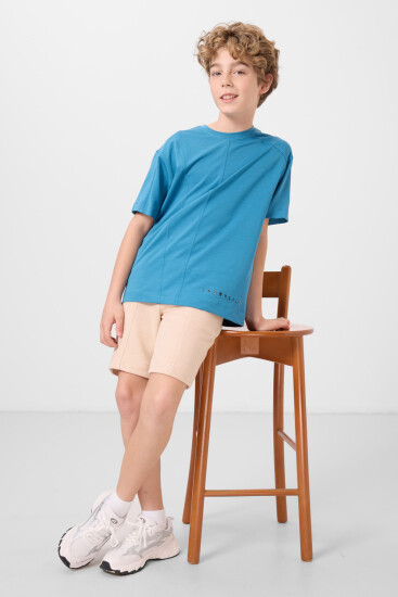 Petrol Mavi Pamuklu Yumuşak Dokulu Oversize Basic Erkek Çocuk T-Shirt - 11297 