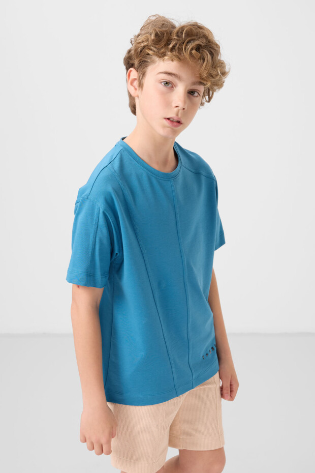 Petrol Mavi Pamuklu Yumuşak Dokulu Oversize Basic Erkek Çocuk T-Shirt - 11297 - 2