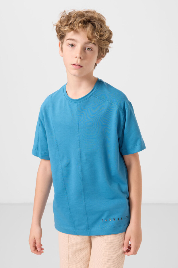 Petrol Mavi Pamuklu Yumuşak Dokulu Oversize Basic Erkek Çocuk T-Shirt - 11297 - 4