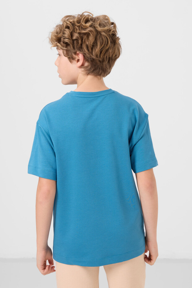 Petrol Mavi Pamuklu Yumuşak Dokulu Oversize Basic Erkek Çocuk T-Shirt - 11297 - 6
