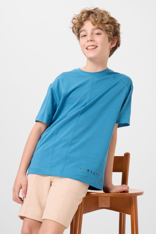 Petrol Mavi Pamuklu Yumuşak Dokulu Oversize Basic Erkek Çocuk T-Shirt - 11297 - 5