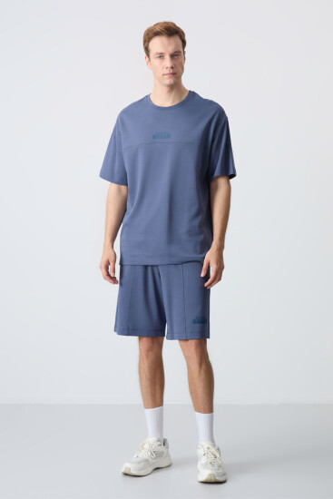 Petrol Pamuklu Kalın Yumuşak Dokulu Oversize Fit Basic Erkek Şort Takım - 85259 