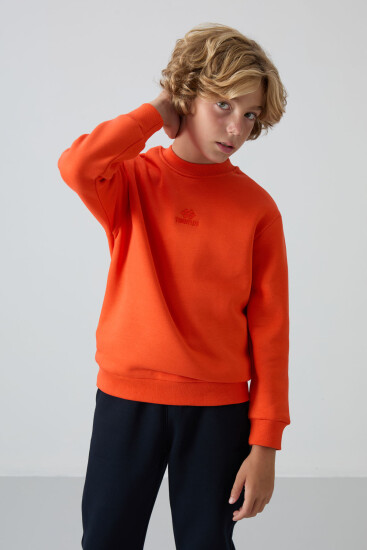 Portakal Pamuklu Kalın İçi Tüylü Yumuşak Dokulu Standart Fit Nakışlı Erkek Çocuk Sweatshirt - 11232 