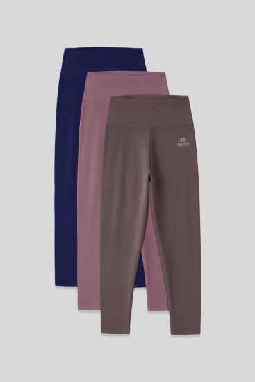 Slim Fit 3'lü Paket İndigo-Gül Kurusu-Kahverengi Kadın Kapri Tayt - 93097 