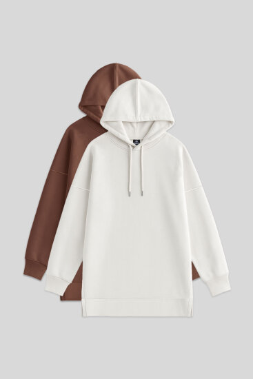 Oversize Kapüşonlu 2'li Paket Ekru-Kahverengi Kadın Tunik Sweatshirt - 97242 