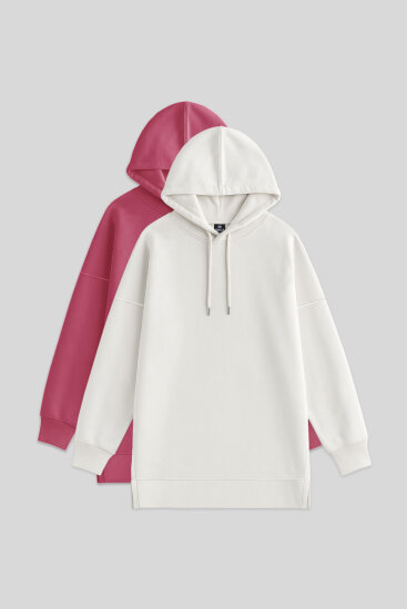 Oversize Kapüşonlu 2'li Paket Ekru-Yaban Gülü Kadın Tunik Sweatshirt - 97242 