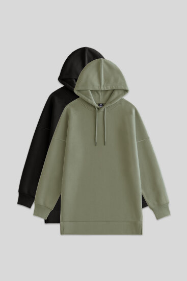 Oversize Kapüşonlu 2'li Paket Siyah-Çağla Kadın Tunik Sweatshirt - 97242 