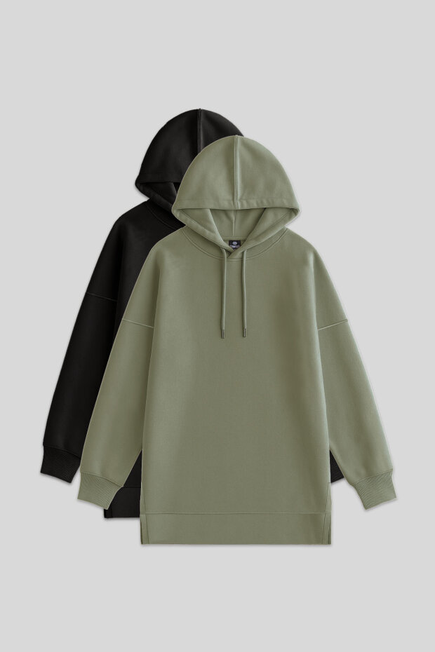 Oversize Kapüşonlu 2'li Paket Siyah-Çağla Kadın Tunik Sweatshirt - 97242 - 1