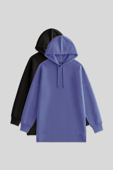 Oversize Kapüşonlu 2'li Paket Siyah-Eflatun Kadın Tunik Sweatshirt - 97242 
