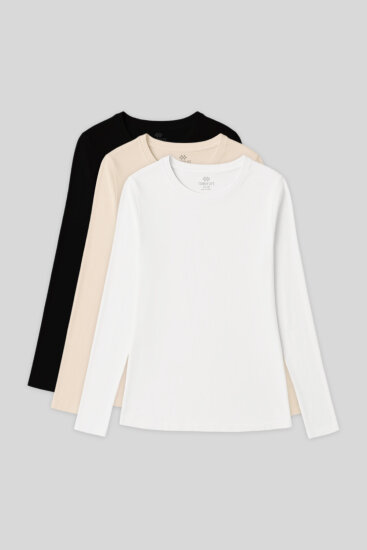 Standart Fit Basic O Yaka 3'lü Paket Siyah-Beyaz-Bej Kadın T-Shirt - 97312 
