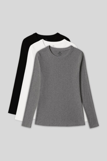 Standart Fit Basic O Yaka 3'lü Paket Siyah-Beyaz-Gri Melanj Kadın T-Shirt - 97312 