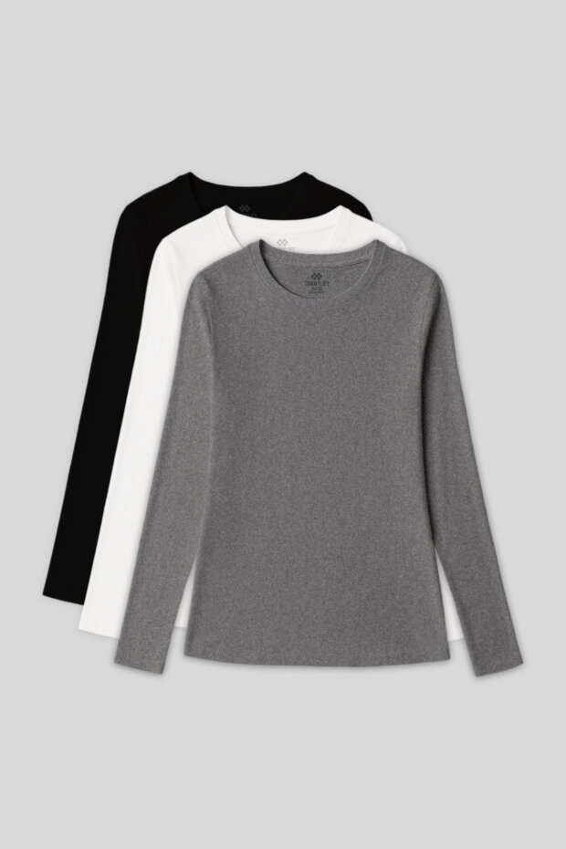 Standart Fit Basic O Yaka 3'lü Paket Siyah-Beyaz-Gri Melanj Kadın T-Shirt - 97312 - 1
