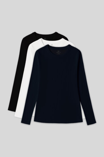 Standart Fit Basic O Yaka 3'lü Paket Siyah-Beyaz-Lacivert Kadın T-Shirt - 97312 