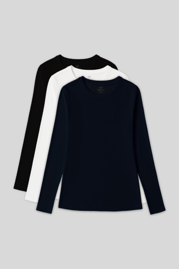 Standart Fit Basic O Yaka 3'lü Paket Siyah-Beyaz-Lacivert Kadın T-Shirt - 97312 - 1