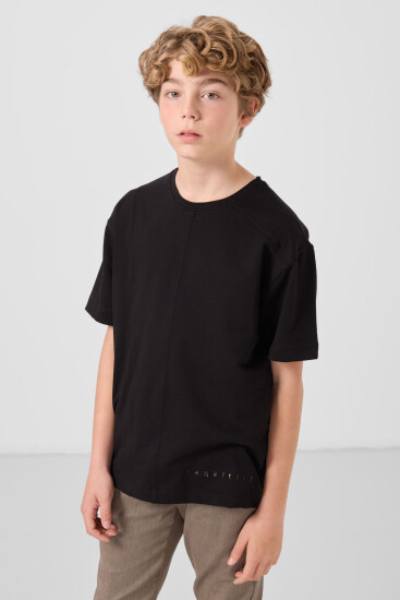 Siyah Pamuklu Yumuşak Dokulu Oversize Basic Erkek Çocuk T-Shirt - 11297 