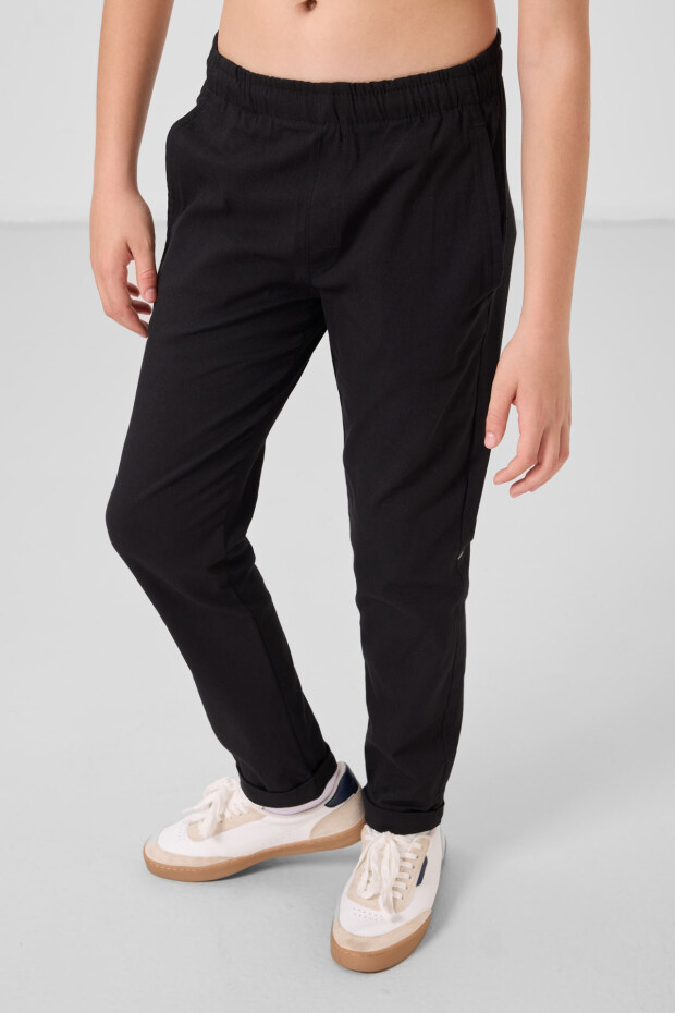 Siyah Standart Fit Dokuma Hafif Esnek Chino Erkek Çocuk Pantolon - 11272 - 2