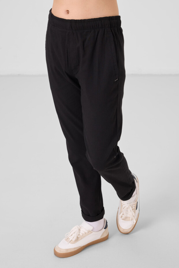 Siyah Standart Fit Dokuma Hafif Esnek Chino Erkek Çocuk Pantolon - 11272 - 4