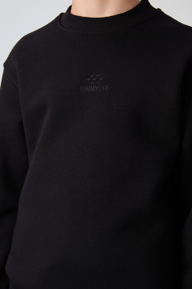Siyah Pamuklu Kalın İçi Tüylü Yumuşak Dokulu Standart Fit Nakışlı Erkek Çocuk Sweatshirt - 11232 - 2