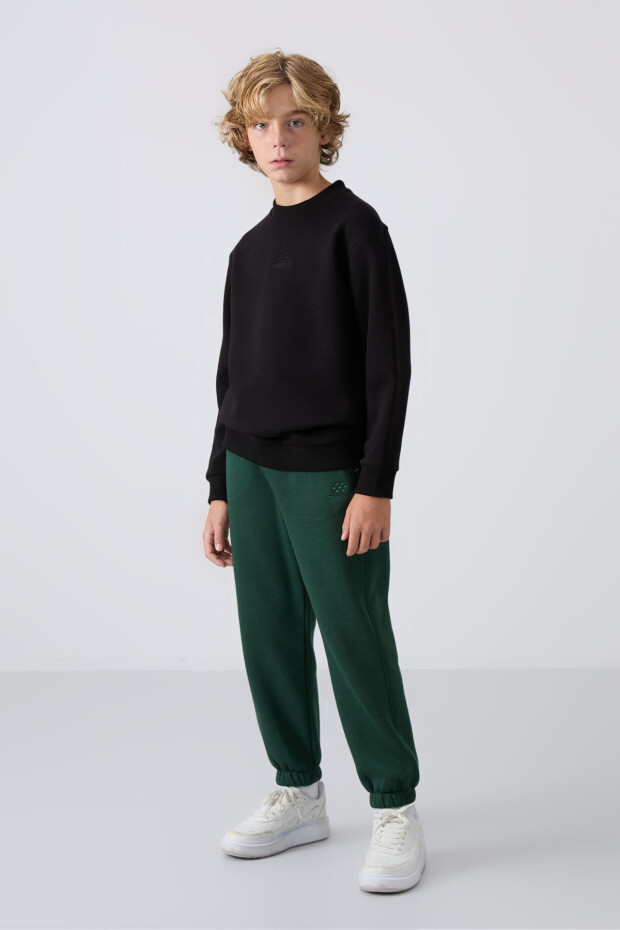 Siyah Pamuklu Kalın İçi Tüylü Yumuşak Dokulu Standart Fit Nakışlı Erkek Çocuk Sweatshirt - 11232 - 3