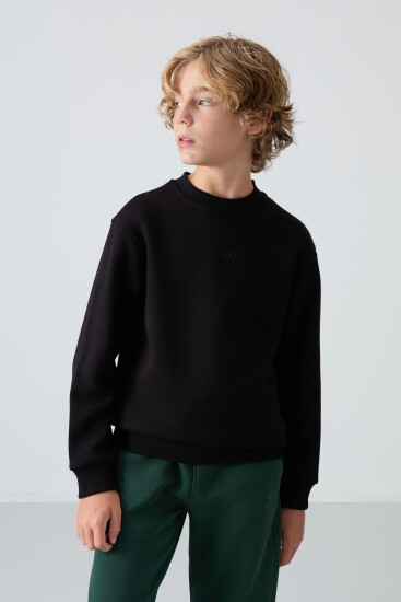 Siyah Pamuklu Kalın İçi Tüylü Yumuşak Dokulu Standart Fit Nakışlı Erkek Çocuk Sweatshirt - 11232 