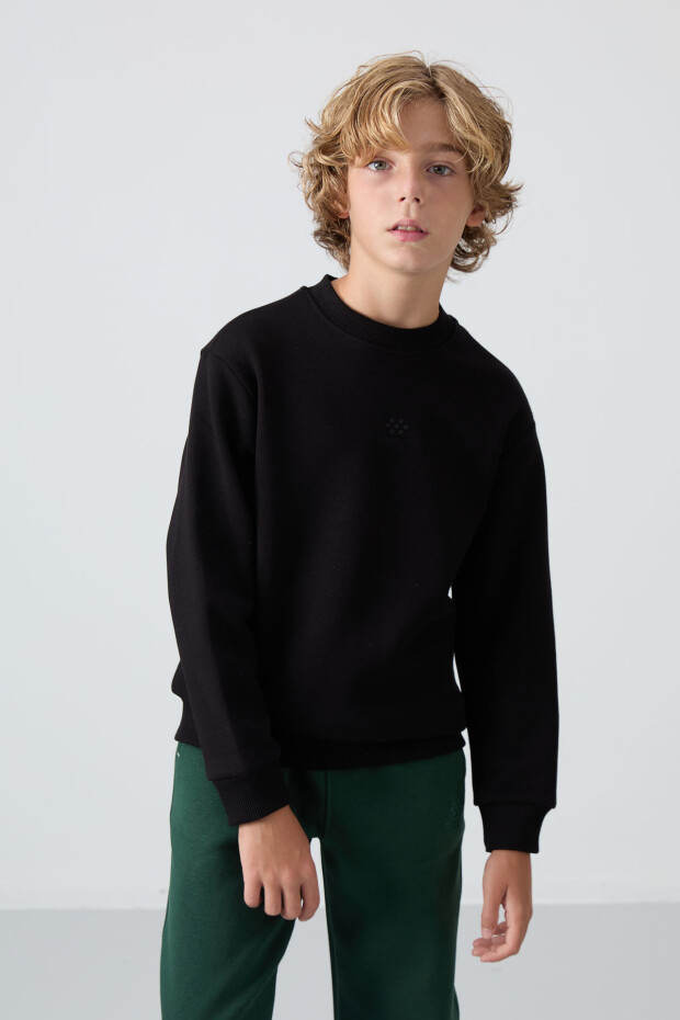 Siyah Pamuklu Kalın İçi Tüylü Yumuşak Dokulu Standart Fit Nakışlı Erkek Çocuk Sweatshirt - 11232 - 4
