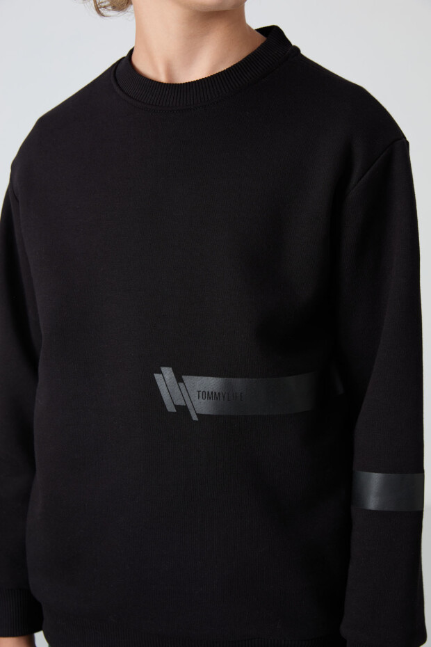 Siyah Pamuklu Kalın İçi Tüylü Yumuşak Dokulu Standart Fit Baskılı Erkek Çocuk Sweatshirt - 11238 - 2