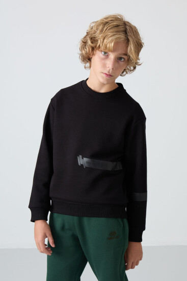 Siyah Pamuklu Kalın İçi Tüylü Yumuşak Dokulu Standart Fit Baskılı Erkek Çocuk Sweatshirt - 11238 