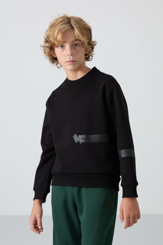 Siyah Pamuklu Kalın İçi Tüylü Yumuşak Dokulu Standart Fit Baskılı Erkek Çocuk Sweatshirt - 11238 - 4