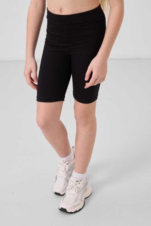 Siyah Pamuklu Kısa Paça Standart Fit Basic Kız Çocuk Tayt - 75188 - 1
