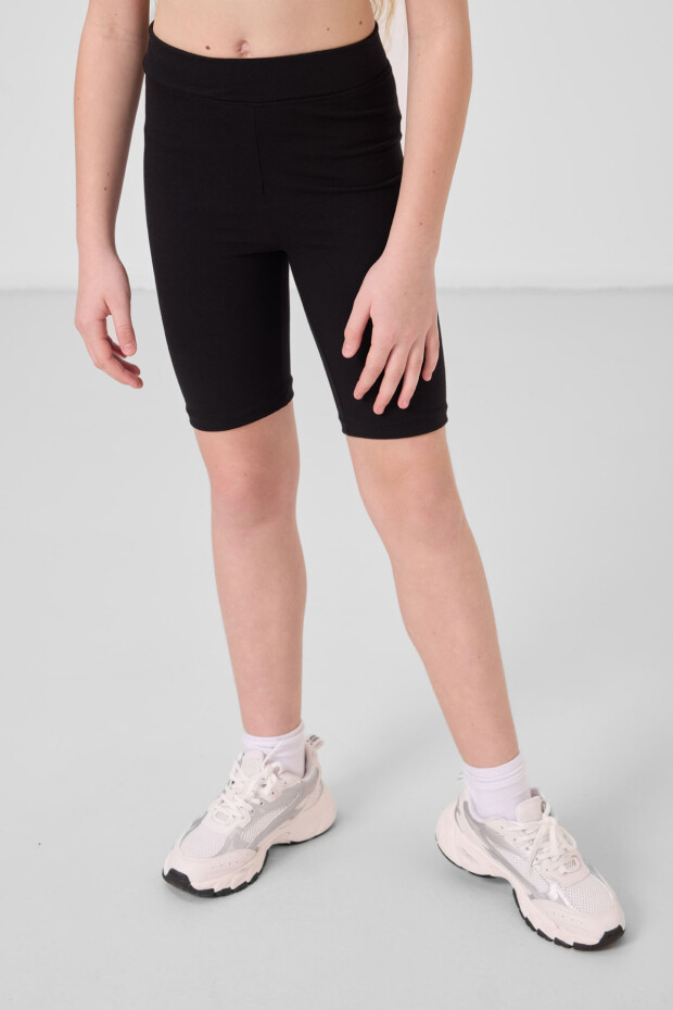 Siyah Pamuklu Kısa Paça Standart Fit Basic Kız Çocuk Tayt - 75188 - 3