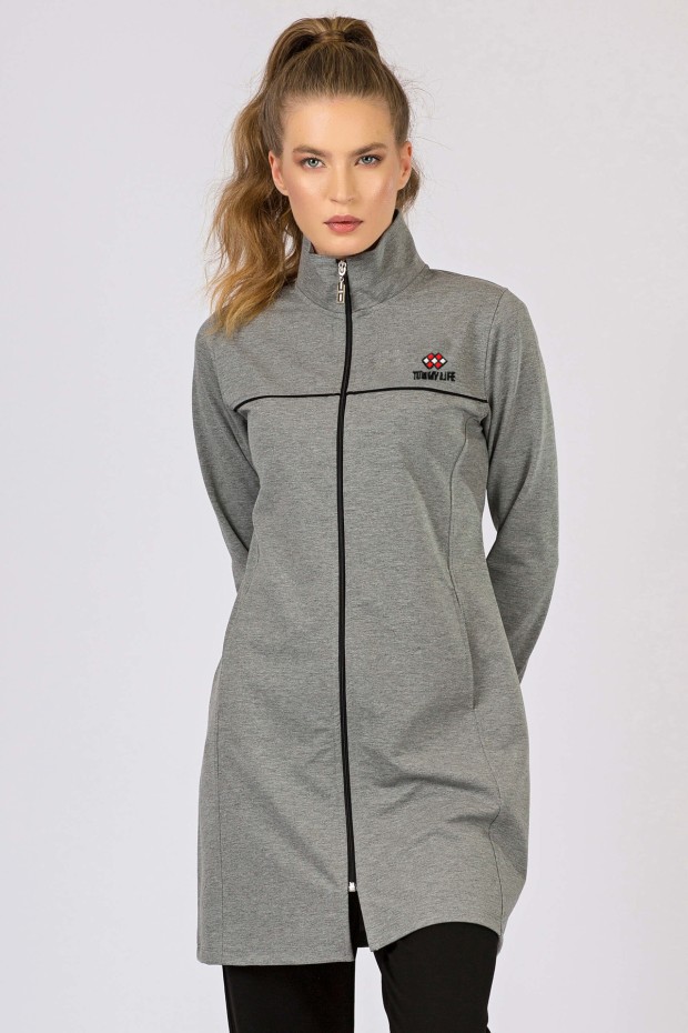 Tommy Life Gri Melanj - Siyah Dik Yaka Fermuarlı Standart Kalıp Klasik Paça Kadın Eşofman Tunik Takım - 95207. 2 Tommy Life Gri Melanj - Siyah Dik Yaka Fermuarlı Standart Kalıp Klasik Paça Kadın Eşofman Tunik Takım - 95207. 2